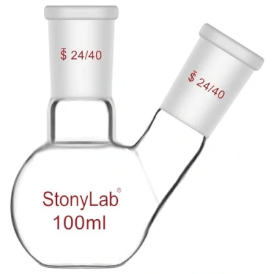Immagine di stonylab Pallone a Fondo Piatto FBF, Muro Pesante 2 Collo Fiaschetta da Laboratorio Vetro Borosilicato Bollente con 24/40 Giunto Standard, 100 ml