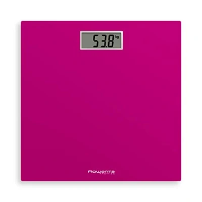 Immagine di Rowenta Premiss 2 Bilancia Pesapersone Digitale, Vetro Temperato, Graduazione di Precisione Ogni 100g, Funzioni Intelligenti, Ampio Display, Batteria Inclusa, Fucsia, 30x30cm