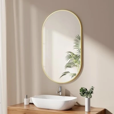 Immagine di EMKE specchio Bagno 60 x 100 cm, da parete con cornice in oro spazzolato, ovale, orizzontale/verticale, per bagno, corridoio, soggiorno, camera letto, WC ospiti
