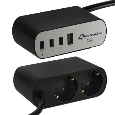 Immagine di Electraline 62583 Multipresa Scrivania Electradock 2 Prese Schuko + 1 USB A 3 C 35W Power Delivery, Cavo H05VV F 3G1.5 lunghezza 2M