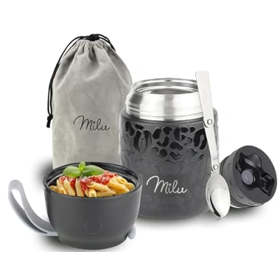 Immagine di Milu Thermo per Alimenti 450 ml Contenitore Termico di Acciaio Inossidabile, Isotermico Sottovuoto Cibi Caldi e Freddi (Black Leopard, 450ml)