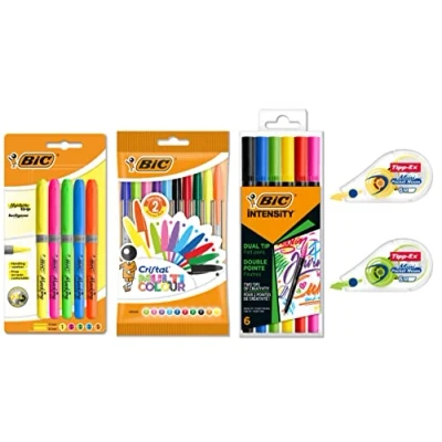Immagine di BIC Set Cancelleria Scrittura e Colore, Penne a Sfera Colorate, Evidenziatori Colorati, Pennarelli Dual Tip Colorati,Bianchetti Nastro, Kit Studenti