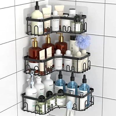 Immagine di Menbyci Confezione da 3 mensole angolari per doccia, in acciaio inox, con 18 ganci, adesive organizer bagno (nero)