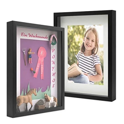 Immagine di PHOTOLINI 3D cornici 30x40 cm Nero, Cornice Profonda con Vetro e passe partout, Set di 2 per Oggetti Fino a 3 profondità, Legno MDF Perfetta Il Fai da Te Come Regalo