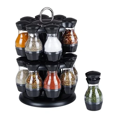 Immagine di Relaxdays Porta spezie da Cucina Girevole con 6 Barattoli, Organizer Rotante a 360 Salvaspazio, Acciaio, Argento Nero, 100% plastica, 1 pz