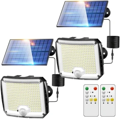 Immagine di Luci Solari da Giardino 318Led/5Modes/10M/2 Pezzi Faro Solare Esterno, Telecomando/8 12 Ore Di Utilizzo/IP65 Led Esterno con Pannello accumulatore Lampade Giardino,Garage