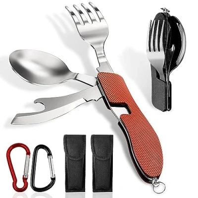 Immagine di ADNEWX® Set di 2 posate da campeggio pieghevoli in acciaio inox, 4 1, per esterni, apribottiglie e forchetta