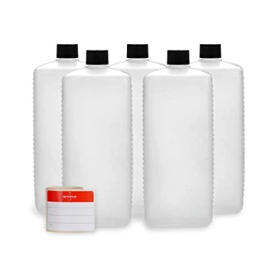 Immagine di Octopus 5 x 1000 ml Bottiglie in plastica, plastica HDPE con Tappi a Vite Nero, vuote coperchi quadre Etichette compilabili Incluse