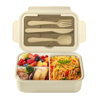 Immagine di Diboniur Porta Pranzo, 1400ml Lunch Box con Posate, Schiscetta Pranzo Bambino Adulto Bento 3 Scomparti, Contenitore Ermetico per Microonde Ufficio Lavoro Picnic (Khaki)