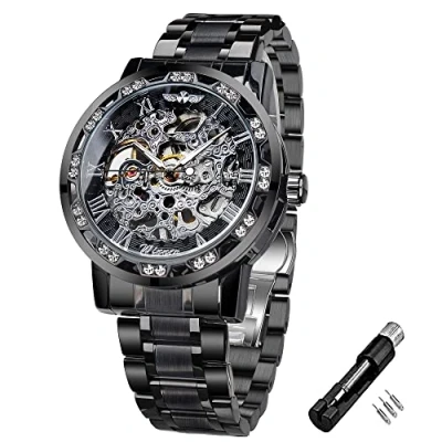 Immagine di Winner Orologio da polso Meccanico retrò, con diamante e intaglio, uomo, scheletro, classico, numeri romani, nero argento,