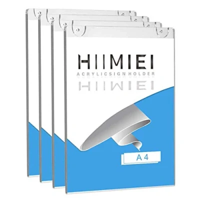 Immagine di HIIMIEI Porta cartelli in acrilico A4 verticale, inserti plastica trasparente per carta, bonus con nastro 3M e viti di montaggio (4 pezzi)