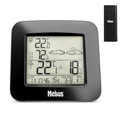 Immagine di MEBUS Funk Wetterstation mit Außensensor Thermometer Hygrometer Wettervorhersage Mondphasen Wettertrend, Alarm Weckwiederholung, Kalender/Material: Kunststoff/Farbe: Schwarz/Modell: 40715