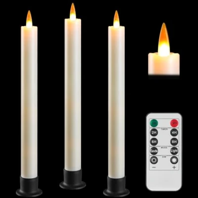 Immagine di Da by candela LED con telecomando e timer, a cono alimentata batteria, stoppino dinamico 3D, set di 3, avorio, 3 basi nere, adatto per casa, matrimonio, decorazione festiva
