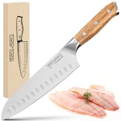 Immagine di Moritz &amp; Coltello Santoku 18 cm da Chef Professionale Giapponese con Lama Extra Affilata Cucina per Carne, Sushi ecc. Manico Ergonomico in Legno di Acacia