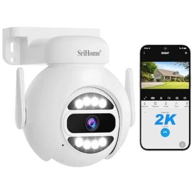 Immagine di SRIHOME 4MP Rete WiFi a Doppia Banda, Fotocamera di Sorveglianza PTZ, Inseguimento Movimento, Visione Notturna, IP66 Impermeabile, Audio 2 Way, Tutela Della vita Privata, Uso Interno/Esterno