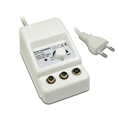 Immagine di Metronic 332177, Amplificatore antenna TV da interno per canali TDT, compatibile 4G/5G, 26 dB, 2 uscite con presa 9,52 mm, bianco