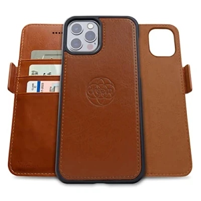 Immagine di dreem Fibonacci compatibile con iPhone 13 Pro Max custodia a portafoglio/custodia antiurto 2 in 1 e folio pelle vegana staccabile, MagSafe, protezione RFID [Caramello]