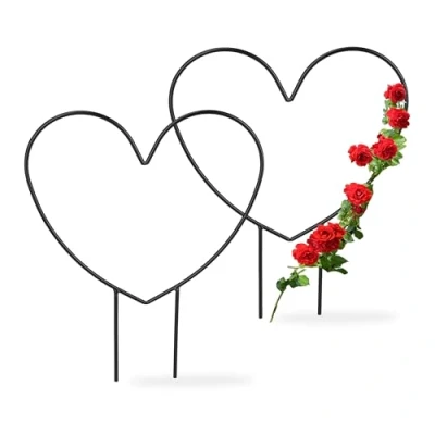 Immagine di Relaxdays Supporto per Piante Rampicanti a Forma di Cuore, Set da 2 Sostegni Rose, HLP: 32x25x0,5 cm, Metallo, Nero