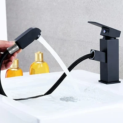 Immagine di Rubinetto bagno nero con doccetta estraibile acciaio inossidabile acqua calda e fredda 2 tubi inclusi miscelatore lavabo