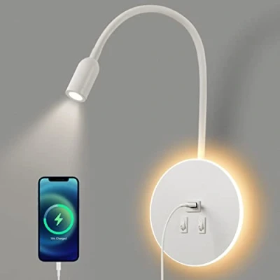 Immagine di AWEKLIY Lampada da Parete a LED,Lampada lettura flessibile comodino collo di cigno,con Porta Ricarica USB,Luce ambiente camera letto Luce notturna Faretto (3W 3000K+8W 6000K) Bianco