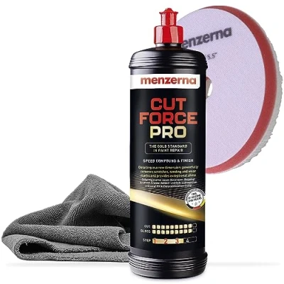 Immagine di Menzerna Cut Force Pro Set lucidante per auto, 1000 ml, 3 in 1, rimuovere i graffi, pasta abrasiva professionale One Step, tutti tipi di vernice, tampone Orbital Wool + panno