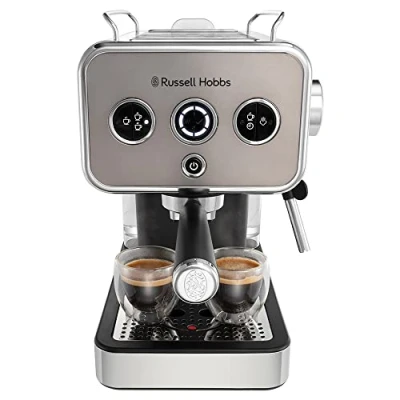 Immagine di Russell Hobbs Macchina Caffè Espresso Titanio Con Portafiltro Acciaio Inox; Pressione 15 bar; Inserto 1 2 tazze; Cialde ESE; Dosaggio automatico regolabile, Erogatore vapore, Distinction 26452 56