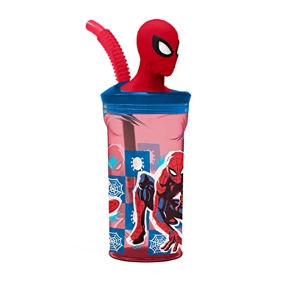 Immagine di p:os 35478 Spiderman bottiglia d&#039;acqua per bambini con cannuccia integrata, coperchio e figura 3D, recipiente bevande capacità di circa 360 ml, ideale fredde