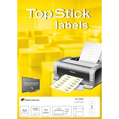 Immagine di TopStick etichette CD autoadesive a tutta pagina, 2 per foglio A4, 100 fogli, Ø 117 mm, 200 etichette, adesive DVD opache vuote, stampanti laser e inkjet, bianco