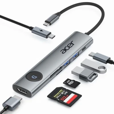 Immagine di acer USB C Hub, 7 in 1 adattatore da a HDMI 4K@60Hz, PD 100W, lettore di schede SD/TF, pulsante accensione/spegnimento dello schermo, 2*USB 3.0 e 5Gbps, compatibile con iPad Pro ecc.