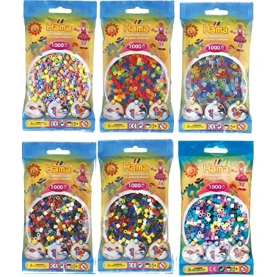 Immagine di Happy Price Toys Hama Midi Perline da stirare rotonde (Kon 12) Convulut 6 colori (mix pastello, mix neon, glitter mi) + istruzioni per la stiratura con 3 modelli di design