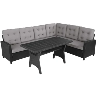 Immagine di TecTake® Salottino in Rattan Catania, Telaio Acciaio, Set Giardino con Tavolino Salotto, 2 Sofà, 1 Sofà Angolare, Comodi Cuscini Idrorepellenti, Resistente ai Raggi UV Nero