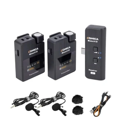 Immagine di comica BoomX DUC2 2.4G Microfono Wireless per Smartphone/Laptop USB C,Microfono Doppio Lavalier con 2 Trasmettitori 1 Ricevitore,Microfono Lav podcast Intervista YouTube Vlog/Live steam