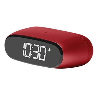Immagine di Lexon MINUT Mini sveglia compatta con display LCD VA Pure Black, controllo touch, funzione snooze e retroilluminazione, batteria ricaricabile, finitura in alluminio rosso scuro