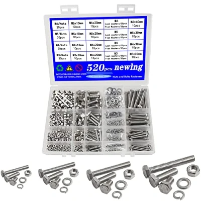 Immagine di newlng 520pcs M3 M4 M5 M6 Angolo Esterno Esagonale Bulloni e Dadi Rondelle Viti a Testa in Acciaio Inossidabile 304 Kit Macchina Esagonali Assortimento