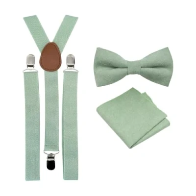 Immagine di Set da uomo di lusso in misto cotone, Papillon e tasca quadrata bretelle, verde salvia bretelle quadrate eucalipto, Bow Tie: Length 11.5cm. Width: 7.5cm