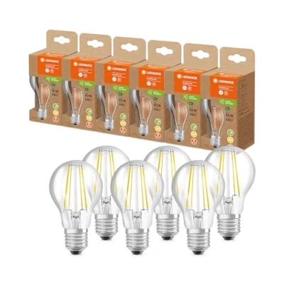 Immagine di LEDVANCE Lampada a risparmio energetico LED, lampadina filamento di vetro, E27, bianco caldo (3000K), 4 watt, sostituisce da 60W, altamente efficiente, confezione 6
