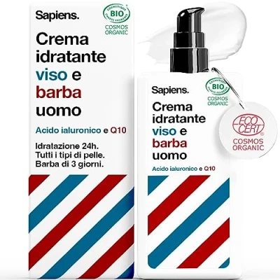 Immagine di Sapiens Crema Idratante Viso Uomo BIO Barba e con Acido Ialuronico Q10 Antirughe, Dopobarba Per tutti i tipi di pelle Skincare Fatto in Francia 80 ml