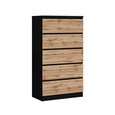 Immagine di 3E 3xE living.com Cassettiera, credenza con 5 cassetti, Nero/Quercia wotan, D: 70 x 124 39 cm