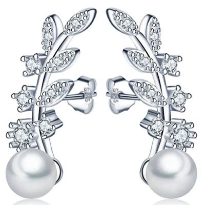 Immagine di Infinite U Eleganti orecchini a perno da donna in argento Sterling 925, con zirconia cubica, motivo foglia, perle 5 mm