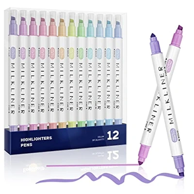 Immagine di EooUooIP evidenziatori a doppia punta, 12 colori punta larga e sottile, set di faccia pastello, per studenti, ufficio, scuola