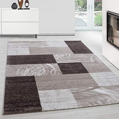 Immagine di Tappeto a pelo corto per soggiorno in stile moderno con design astratto onde, facile da pulire un&#039;altezza del di 12 mm Misurare: 80 x 150 cm Colore: Marrone 2