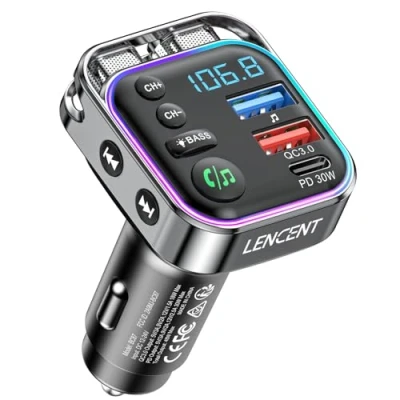 Immagine di LENCENT Trasmettitore FM Bluetooth, Auto Radio Bluetooth 5.3 per Accendisigari, Caricatore Rapido PD 30W &amp; QC3.0 USB Porta, Adattatore Auto, Hi Fi Musica/Chiamata Chiara