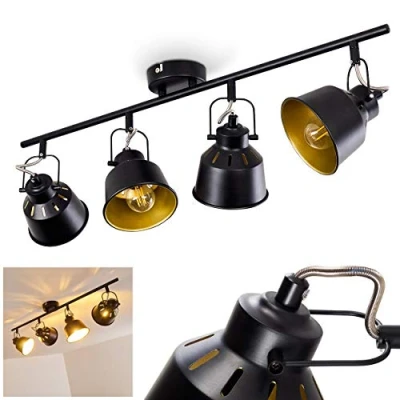 Immagine di lampada da soffitto Safari, in metallo nero/oro, a 4 luci, con faretti regolabili, x attacco E14, spot dal design retro/vintage, senza lampadina/e