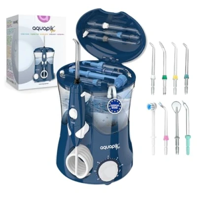 Immagine di Aquapik Pro idropulsore dentale Professionale. Include: 8 ugelli, 10 livelli di potenza. Capacità 600 ml. Consigliato dai dentisti per tutta la famiglia (Blu)