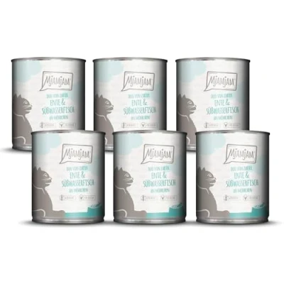 Immagine di MjAMjAM Cibo umido premium per gatti DUO di anatra tenera e pesce d&#039;acqua dolce con carote, confezione da 6 (6 x 800g), senza cereali carne extra