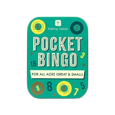 Immagine di Talking Tables gioco da bingo riutilizzabile formato tascabile, confezionato in una robusta custodia latta regalo, classico contenente 48 fogli e numeri matite o riempitivo per calza di
