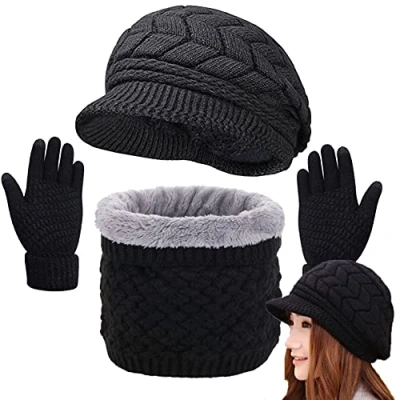 Immagine di CheChury Inverno Berretto in Maglia Guanti Sciarpa Set Touch Screen Donna 3 Pezzi Caldo e Cappello con Sciarpa,Nero,Taglia unica