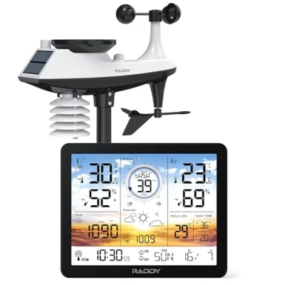 Immagine di Raddy AG7 Stazione meteo radio con sensore esterno, termometro igrometro, display digitale da 7,4&quot;, orologio DCF, monitor previsioni e barometro