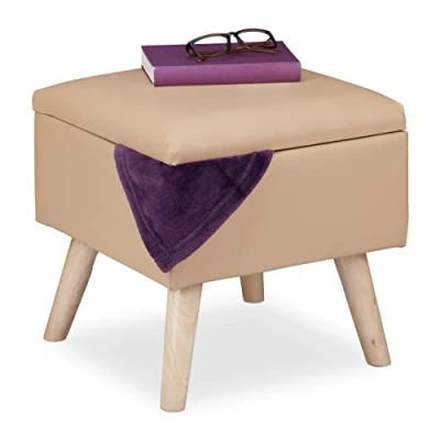 Immagine di Relaxdays Pouf Contenitore in Ecopelle, HxLxP: 40 x cm, Sgabello Cubo Imbottito, con Coperchio, Beige, 40% Fibra Legno 30% plastica, 1 pz