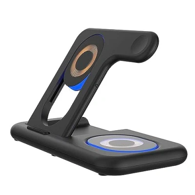 Immagine di DAM base di ricarica pieghevole 5 in 1. Magsafe 15 W regolabile, caricatore per Apple Watch e Qi. con luce notturna tattile. Funzione stand. Colore: nero